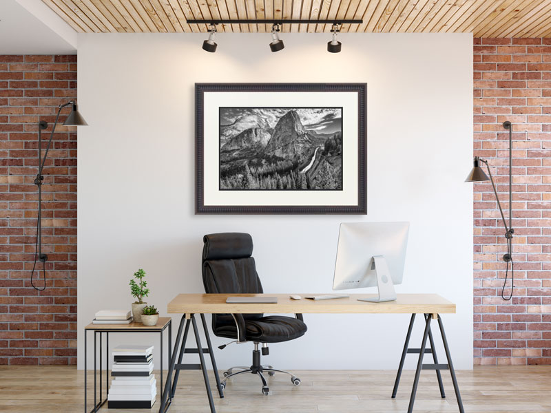 Example of framed fine art landscape photograph in home office setting.