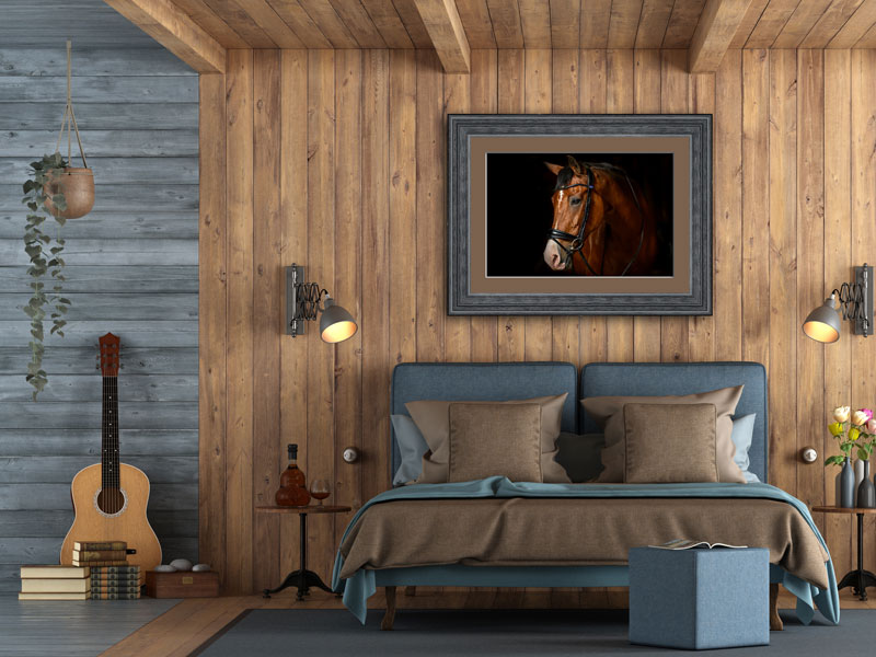 Example of framed fine art equine photograph hanging in bedroom.